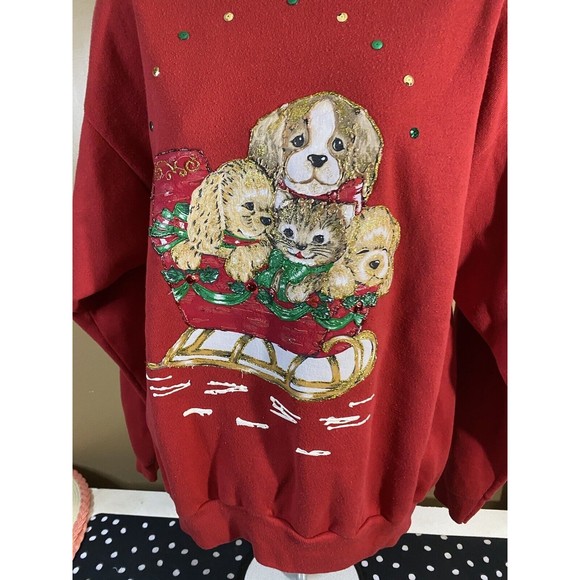 Vintage Embroidered/ Puppies In Sleigh Santa With Gifts 2side Sweatshirt Size XL - Picture 12 of 16